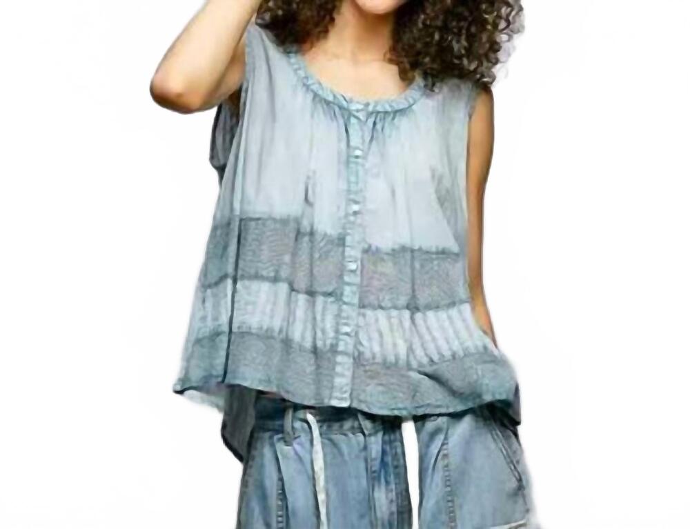 NEW POL round neck sleeveless contrast crochet woven blouse top in denim blue